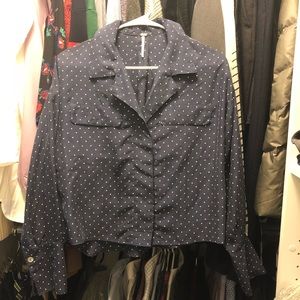 Free People 100% silk navy/white dot shirt
